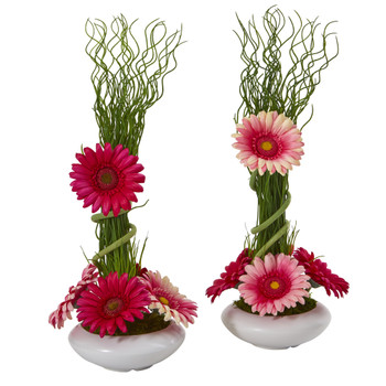 18 Gerber Daisy and Grass Artificial Arrangement in White Vase Set of 2 - SKU #A1197-S2